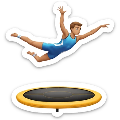 An athletic person soaring high above a trampoline, executing an acrobatic flip with perfect form. The scene captures motion and energy, with a dynamic pose, stretched limbs, and a focused expression. The background suggests a professional trampoline arena with safety padding. sticker