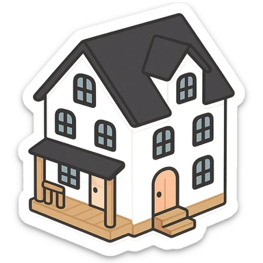 modern farmhouse dollhouse, white with black trim and wooden accents, 3d isometric  sticker