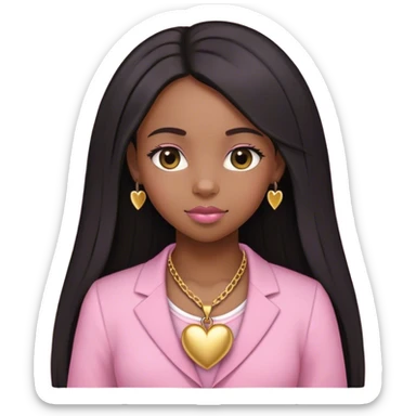 Black girl with STRAIGHT LONG HAIR DOWNhair down with baby edges and formal clothes that are pink for her interview and a gold heart necklace  sticker