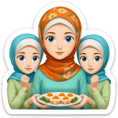 Three sister Turkish girls beautiful finish Konya blue eyes with orange floral hijab and light green dress and make turkish Breakfast sticker