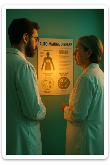 Realistic, detailed photo taken from behind of two doctors—a bearded man and a middle-aged woman—standing and facing each other as they discuss an autoimmune disease diagnosis in front of a medical chart that displays information about the immune system and autoimmune conditions. The scene is illuminated by a yellowish, orange, warm light that softly envelops the doctors. The entire room is bathed in a single green-blue color, creating a cohesive and modern atmosphere. Both doctors wear white coats, and their body language suggests a serious, professional conversation about the complexities of autoimmune diseases. Shot with a Canon EOS R5, with high detail and natural depth of field. sticker