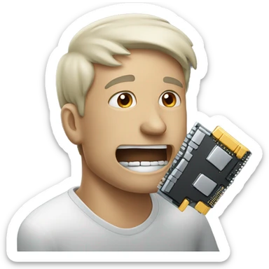 A man which biting a physical computer memory  sticker