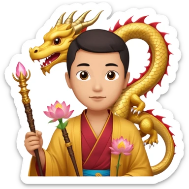 man with asian dragon, scepter, buddhism, lotus sticker