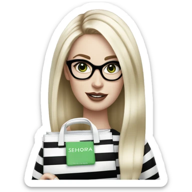 Platinum blonde medium length straight hair woman pale skin green eyes glasses holding a black and white striped Sephora bag sticker