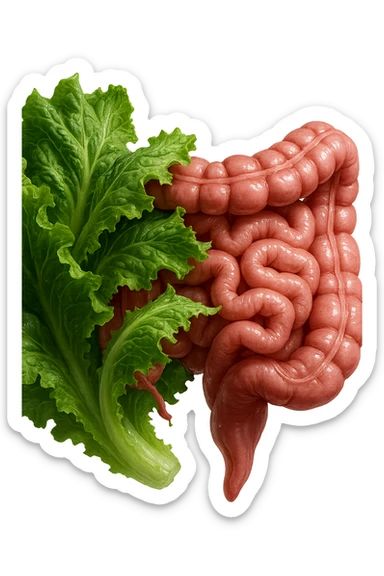 foglie di insalata che attaccano un intestino anatomico umano per distruggerlo, IPERREALISTICO 4K sticker