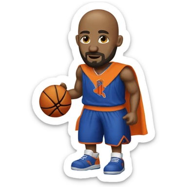 The Knicks with a bald head, beard, and goatee, a white and orange cape…spinning a basketball on its head. sticker