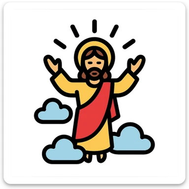 Ascension Day, Jesus ascending into the sky with clouds and rays of light, peaceful and uplifting, color outline icon style sticker