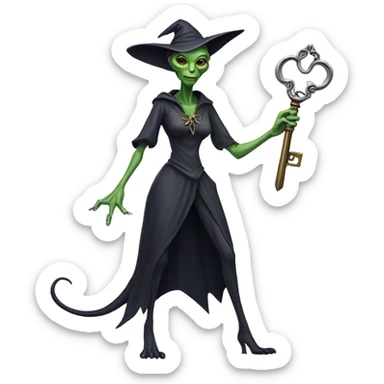 a Reptilian alien woman, as witch, holding a big key, full body sticker