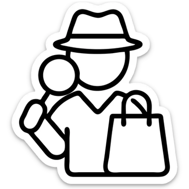 outlined icon of a mystery shopper with a magnifying glass and shopping bag sticker
