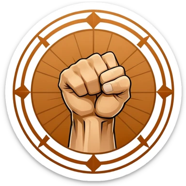 An emblem symbolizing striking martial arts, featuring a clenched fist in the center surrounded by dynamic lines representing speed and power. The background includes subtle elements of a combat ring and traditional martial arts symbols. Transparent background. sticker