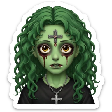 Zumbi verde com olhos castanhos aspecto de que tá sangrando, com cabelo castanho cacheado longo um piercing do lado esquerdo do nariz, roupa preta e crucifixo como colar, e também delineador  sticker