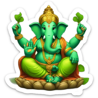 green ganesha hindu god with 4 hands, one hand with a rope, one hand with broken horn, one hand with and sphere and roght low hand in varada mudra sticker
