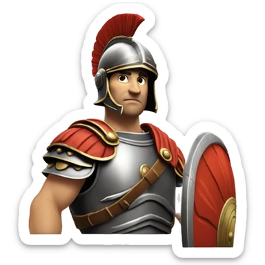 An ancient Roman legionnaire, in full growth, head slightly turned to the left, left hand palm up, showing, holding a shield with his right hand, helmet on his head, straight torso, realistic sticker