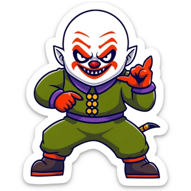 evil clown warrior, bald, short horns on forehead, fangs, pointed ears, black and military green leisure suit, battle-ready fighting posture sticker