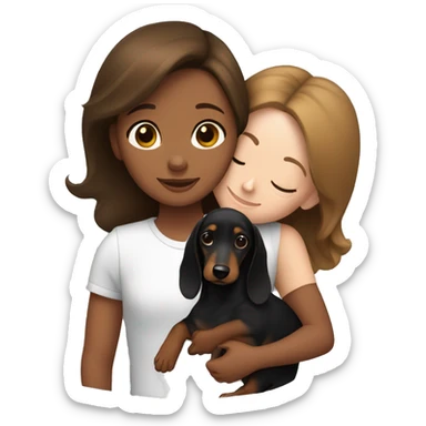 Girl with brown hair snuggling a black and brown dachshund sticker
