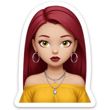 generate a pretty bratz girl in , dark brown eyes. Dark red hair straight long. wearing a yellow oversized tee falling off her shoulder, dainty silver necklace, silver hoops, septum piercings. big eyeliner sticker