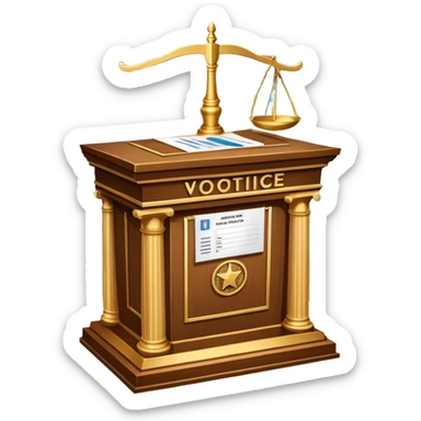 An icon featuring a ballot box with a voting paper, a government building with columns, and a scale of justice, symbolizing political science. The design includes a world map in the background, representing global political systems. Transparent background highlights governance and civic studies. sticker