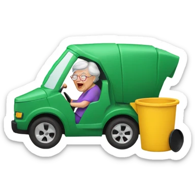 A grandma wrecking into a trashcan ￼ sticker