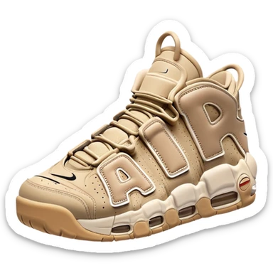 Beige colored Nike Air More Uptempo basketball sneakers with one sneaker positioned behind the other, featuring large AIR text on the sides sticker