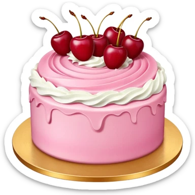 Round pink frosted cake with textured buttercream sides, placed on a gold cake board.
White whipped cream swirls on top, each topped with glossy red cherries with stems, clean studio lighting, isolated background, realistic minimal smooth emoji-style. sticker