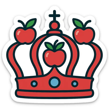 Increase the use of red in the classic royal crown, making the apples and crown band predominantly red, with green leaves for contrast, no background. sticker