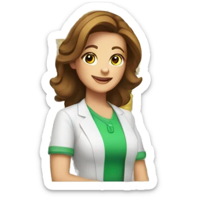 cashier (white female, brown hair, white gold earrings) in front of cash registry, apple-style sticker