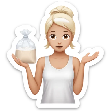 Girl shrugging holding a clear plastic bag with white powder sticker