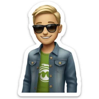 smiling boy in stylish outfit with ray-ban sticker