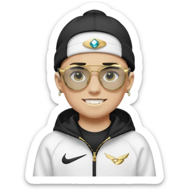 un emoji de un chico emcapuchado blanco, con gorro kalenji, dientes de oro, com uma chaqueta negra nike tech y unas gafas de oakley, con pendientes de diamante  sticker