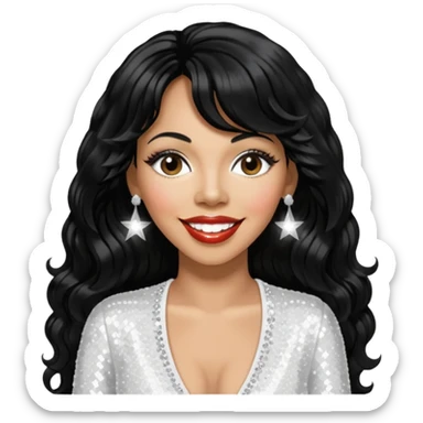 Donna Summer with long jet black hair, white sequin outfit  sticker