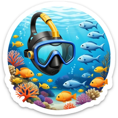 An icon featuring a close-up of a freediving mask and snorkel, with a breath-holding diver's fins, set against a vibrant underwater world. The design includes coral reefs, fish, and bubbles, symbolizing the serene beauty and thrill of freediving. Transparent background highlights the calm sticker
