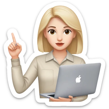 Chica 28 años joven con MacBook, dedo hacia arriba  sticker