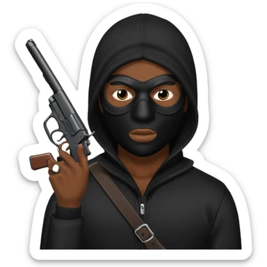 A black male in a robber mask with a gun sticker