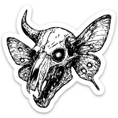 detailed red line art of nightmarish minotaur-stoat hybrid skull with fractured horn and sinister glowing eye, detailed deteriorating moth wings, extensive weathering with deliberately missing pieces, scratched surfaces, and worn edges, twisted asymmetrical features, complex textures, some hollow/transparent sections, 100% red horror imagery sticker