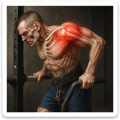 Hyperrealistic 4K anatomical illustration of a man performing a dip on parallel bars in a lateral position as in the reference image. Expression of discomfort, painful shoulder highlighted with a glowing red effect. Muscles and bones of the shoulder emphasized, gym atmosphere. Variant 4. sticker