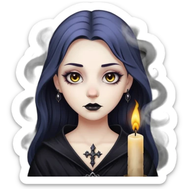 Pale woman with kohl-lined eyes staring through candle smoke, predatory calm, gothic fantasy mood sticker