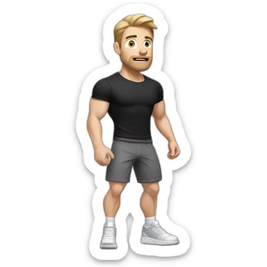 amazed In shock Pale skinned Fit Man With the biceps and dark brown hair in black shirt, gray sports shorts and white Sneakers sticker
