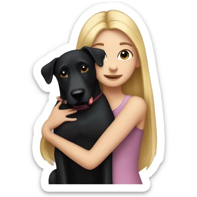 Pretty blonde girl with long hair, hugging a black dog with pointy ears sticker