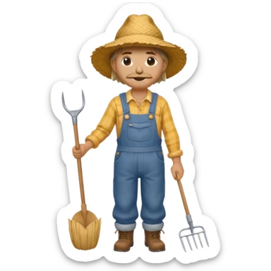 Scarecrow, Dressed like a farmer with overalls, straw hat, and a rake tucked in one arm, body on stick sticker