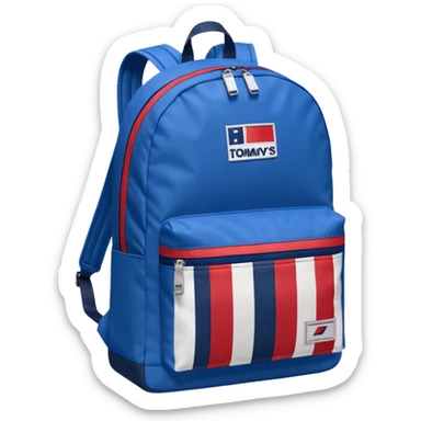 simple blue backpack, at the bottom pocket there is a  one tommyjeans logo featuring a Tommy Jeans-inspired logo. The logo looks like a vertically-flag in red, white. The flag stripes are vertical, not horizontal. Flat

 sticker