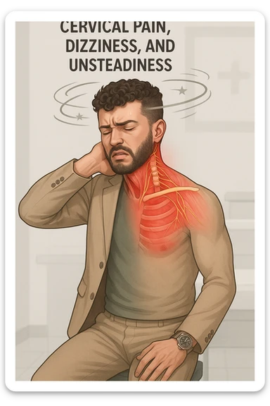 Uomo con dolore per infortunio vista anatomica in piedi con dolori cervicali vertigini e sbandamenti sticker