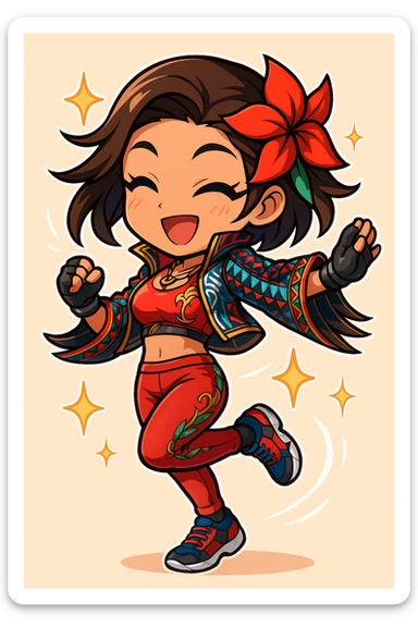 Azucena from Tekken 8 in chibi sticker style, spinning with sparkles, wearing the detailed red and patterned outfit from the reference images, designed for Twitch emote use. sticker