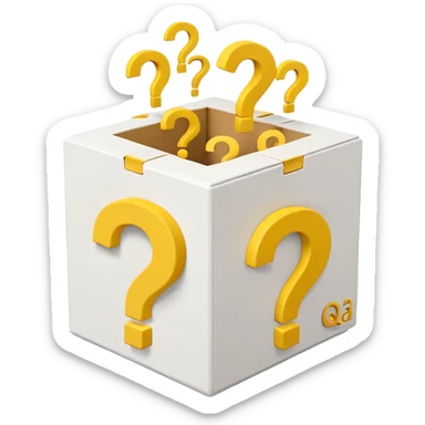 white cube shaped box printed with "q&a" over stuffed with yellow question marks sticker
