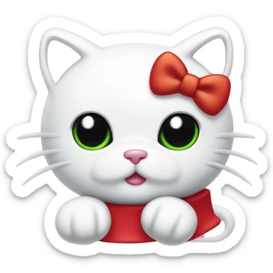 hello kitty sanrio design, white cat with 3 whiskers, black eyes, small yellow nose, no mouth, red bow on the left ear sticker