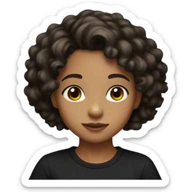 A young girl with light brown skin, black medium-long curly hair, and wearing a black t-shirt sticker