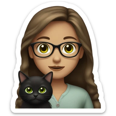 Girl with long brown hair and green eyes with glasses holding a black cat  sticker