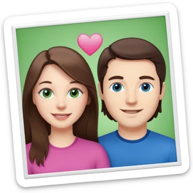“A pink Polaroid-style photo of a couple: a white woman with long brunette hair and blue eyes, and a white man with short brunette hair and green eyes.” sticker