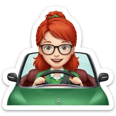 Irish red girl smile with glasses driving fast in a Mercedes convertible sticker