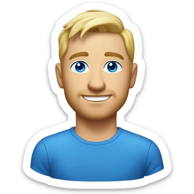 A head and shoulders shot of a 32 year old Caucasian man, with short blond hair,   with blue eyes wearing a t-shirt. sticker