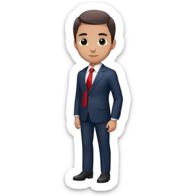 man wearing a dark blue-gray business suit with black horizontal stripes on the arms and legs, white shirt and red tie sticker